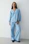 Women's Blue Buttoned V Neck Kimono & Elastic Waist Pants Linen Bottom & Top Set - 4