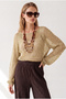 Women's Gold Openwork Wide Collar Metallic Knitwear Blouse Blz-19003449 - 3