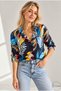Women's Black Blue Leaf Patterned Viscose Shirt with Buttons - 3