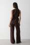 Women's Brown Linen Crew Neck Vest Belted Trousers Suit - 6
