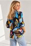 Women's Black Blue Leaf Patterned Viscose Shirt with Buttons - 7