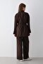 Women's Brown Stand Collar Belted Tunic & Button Detailed Elastic Waist Trousers Top & Bottom Set - 7