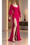 Balloon Sleeve Slit Detail Crepe Stretch Fabric Long Evening Dress Fuchia 581913