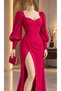 Balloon Sleeve Slit Detail Crepe Stretch Fabric Long Evening Dress Fuchia 581913 - 2