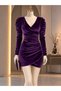 Double Breasted Neckline Gathered Princess Sleeve Velvet Evening Dress 581998 Purple - 3