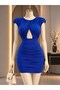 Padded window detail gathered mini size sandy fabric dress 582599 cobalt blue - 3