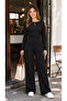 Women's Shoulder Drape Detailed Corded Fabric Long Sleeve Blouse Black Wide Leg Pants Two-Piece Suit 389 - 4