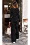 Women's Shoulder Drape Detailed Corded Fabric Long Sleeve Blouse Black Wide Leg Pants Two-Piece Suit 389 - 6