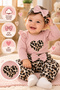Leopard Pattern Heart Detailed Ruffled 3-Piece Baby Girl Set (with Bandana) |   3-6-9-12 Months