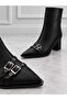 Pointed Toe Double Buckle Detail Black Short Thick Heel Women's Boots - 3