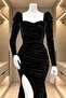 Square Neck Slit Velvet Evening Dress 582318 Black - 2