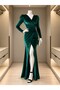 Double-Breasted Collar Slit Maxi Long Length Shoulder Padding Long Sleeve Velvet Evening Dress 581934 Emerald