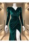 Double-Breasted Collar Slit Maxi Long Length Shoulder Padding Long Sleeve Velvet Evening Dress 581934 Emerald - 4