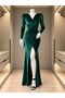 Double-Breasted Collar Slit Maxi Long Length Shoulder Padding Long Sleeve Velvet Evening Dress 581934 Emerald - 2