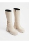 Moki premium beige v buckle detailed thick heeled zippered boot - 3