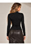 Black Stand Collar Front Gathered Long Sleeve Slim Fit Blouse - 2