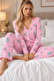 Cotton Buttoned Double Milan Pajama Set Pink Patterned - 3