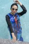 Women's Blue Red Patterned Fully Covered Long Hijab Swimsuit Set of 2 032 - 4