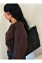 Women's Black Begonia Model Suede Double Handle Handbag - 5