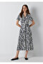 Linen Blend Printed Navy Blue Dress 1310764-91679
