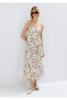 Floral Printed Square Neck Ecru Midi Dress 1310878-91526 - 3