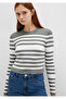 Crew Neck Striped Khaki Sweater Crop / Short Cut 1710521-87899