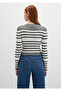 Crew Neck Striped Khaki Sweater Crop / Short Cut 1710521-87899 - 4