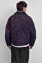 Men's Boxy Fit Leather Collar Jacquard Floral Patterned Jacket Black - 5