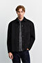 Men's Black Classic Collar Buttoned Pocket Suede Boxy Fit Shirt Jacket A62Y6017