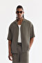 Men's Khaki Apaj Collar Breathable Modal Blended Soft Touch Short Sleeve Oversize Fit Shirt A61Y2006
