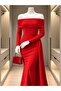 Crepe Stretch Fabric Degaje Collar Tail Detail Evening Dress 582652 Red - 2