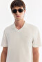 Men's Ecru Cotton Non-Curling Polo Collar Buttonless Bi-Stretch Regular Fit T-Shirt A61Y1130 - 5
