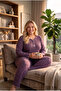 Reported Interlock Fabric Collar Buttoned Winter Large Size Women's Pajama Set 2950