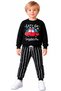 Boy's Lets Go Written Car Patterned Sweatpants with Striped Model Black Color Sweatpants Set
