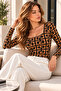 Women's Brown Tiger Pattern Square Collar Long Sleeve Viscose Elastane Blouse - 3