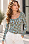 Women's Blue Diamond Pattern Square Neck Lined Long Sleeve Viscose Elastane Blouse - 2
