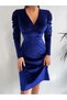 Women's Double-Breasted Collar Velvet Dress with Belt Detail - 3