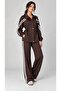 Women's Brown Ribbed Zipper Collar Trousers Two-Piece Set Hzl28W-Mth2466