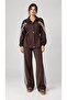 Women's Brown Ribbed Zipper Collar Trousers Two-Piece Set Hzl28W-Mth2466 - 2