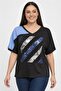 Women's V-Neck Cross Stripe Sequin-Bead Embroidered Short Sleeve Lycra Viscose Plus Size Blouse - 2