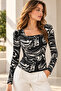 Women's Black Ecru Patterned Square Collar Lined Long Sleeve Viscose Elastane Blouse - 3