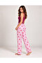 Women's Striped Blouse Patterned Strappy Burgundy Pajama Set - 2