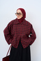 Women's Hidden Button Shirt Collar Inner Lining Plaid Jacket Red - 2