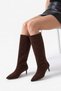 Women's Brown Suede Pointed Toe Thin Short Heel Below the Knee Boots - 5
