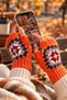 Women's Adult Fingerless Knitted Gloves Orange – Colorful Patterned Hand Warmer Gloves - 3