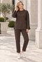 Women's Crew Neck Long Sleeve Sweatshirt with Slit Detail and Stretch Woven Detail, and Elastic Waist Woven Detail Stretch Pants with Pockets Brown Two-Piece Set