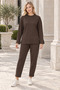 Women's Crew Neck Long Sleeve Sweatshirt with Slit Detail and Stretch Woven Detail, and Elastic Waist Woven Detail Stretch Pants with Pockets Brown Two-Piece Set - 5