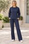 Women's Long Sleeve Off Shoulder Crew Neck Woven Detailed Pocket Slit Elegant Soft Textured Casual Navy Blue Sweatshirt Pants Two-Piece Set