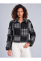 Women's Black Gray Patchwork Patterned Wool Blend Zippered Jacket