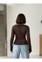 Women's Brown Tie-Up Lace Gothic Bralet Detailed Deep U-Neck Long Sleeve Blouse - 6